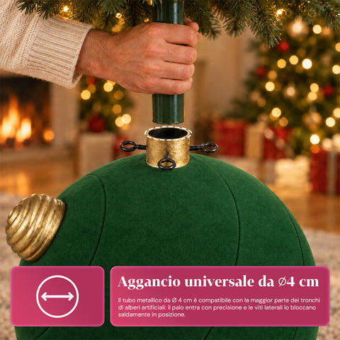 Base para árbol de Navidad con bola gigante y efecto terciopelo de 41x41x44 cm para árboles de hasta 180 cm - Cubr​​ebase con enganche Ø 4 cm, rojo burdeos y verde