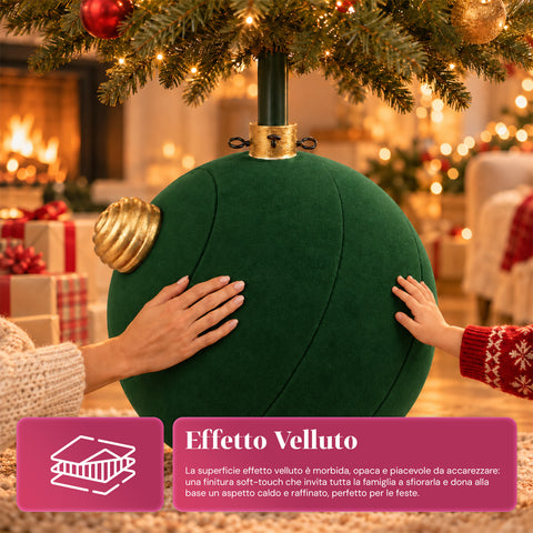 Base para árbol de Navidad con bola gigante y efecto terciopelo de 41x41x44 cm para árboles de hasta 180 cm - Cubr​​ebase con enganche Ø 4 cm, rojo burdeos y verde