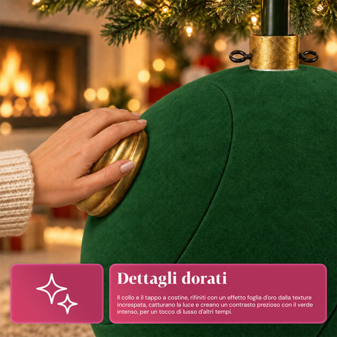 Base para árbol de Navidad con bola gigante y efecto terciopelo de 41x41x44 cm para árboles de hasta 180 cm - Cubr​​ebase con enganche Ø 4 cm, rojo burdeos y verde