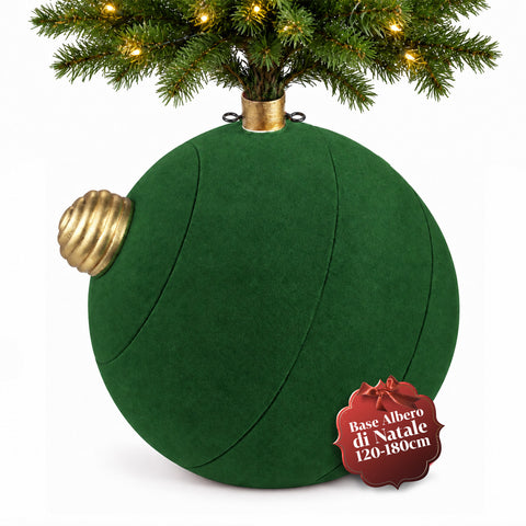 Base para árbol de Navidad con bola gigante y efecto terciopelo de 41x41x44 cm para árboles de hasta 180 cm - Cubr​​ebase con enganche Ø 4 cm, rojo burdeos y verde