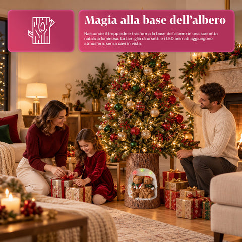 Base para árbol de Navidad con forma de tronco, con LED animados y personajes 3D, para árboles de hasta 180 cm - Cubr​​ebase de hierro y magnesio con enganche Ø 4 cm