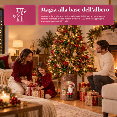 Base para árbol de Navidad con forma de tronco, con LED animados y personajes 3D, para árboles de hasta 180 cm - Cubr​​ebase de hierro y magnesio con enganche Ø 4 cm
