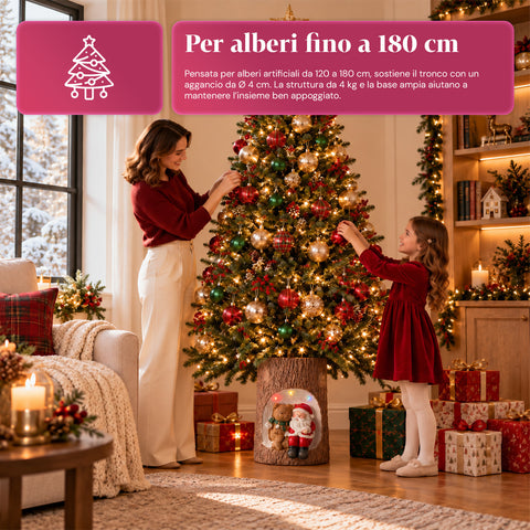 Base para árbol de Navidad con forma de tronco, con LED animados y personajes 3D, para árboles de hasta 180 cm - Cubr​​ebase de hierro y magnesio con enganche Ø 4 cm