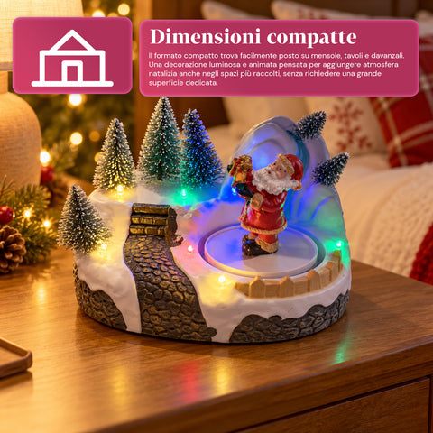 Pueblo navideño luminoso con elemento giratorio, luces LED y música – 3 variantes: árbol, Papá Noel, niños – 17x14x15 cm