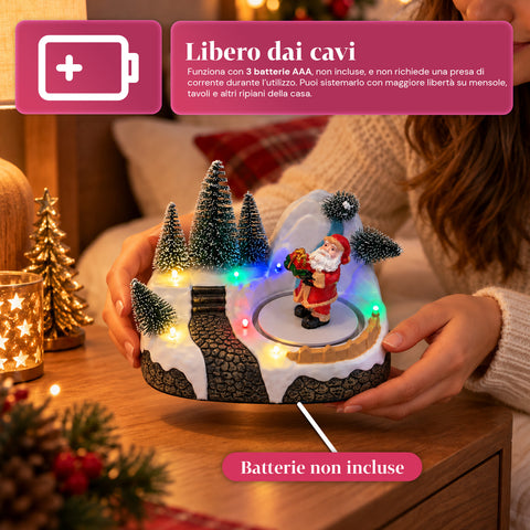 Pueblo navideño luminoso con elemento giratorio, luces LED y música – 3 variantes: árbol, Papá Noel, niños – 17x14x15 cm