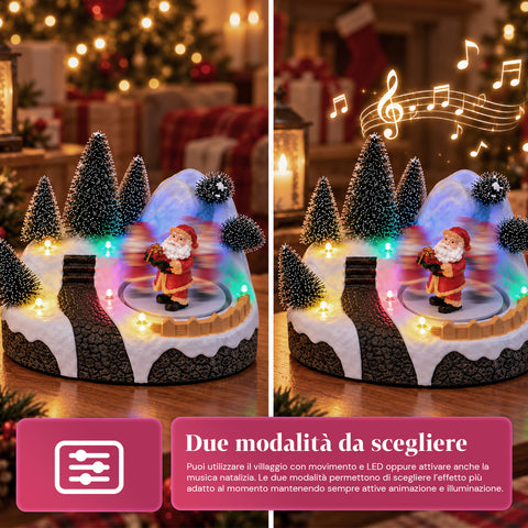 Pueblo navideño luminoso con elemento giratorio, luces LED y música – 3 variantes: árbol, Papá Noel, niños – 17x14x15 cm