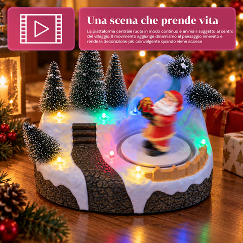 Pueblo navideño luminoso con elemento giratorio, luces LED y música – 3 variantes: árbol, Papá Noel, niños – 17x14x15 cm