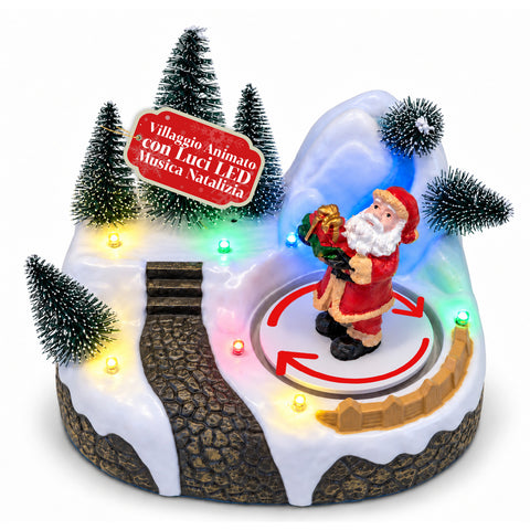 Pueblo navideño luminoso con elemento giratorio, luces LED y música – 3 variantes: árbol, Papá Noel, niños – 17x14x15 cm