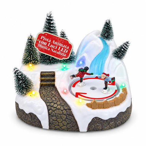 Pueblo navideño luminoso con elemento giratorio, luces LED y música – 3 variantes: árbol, Papá Noel, niños – 17x14x15 cm