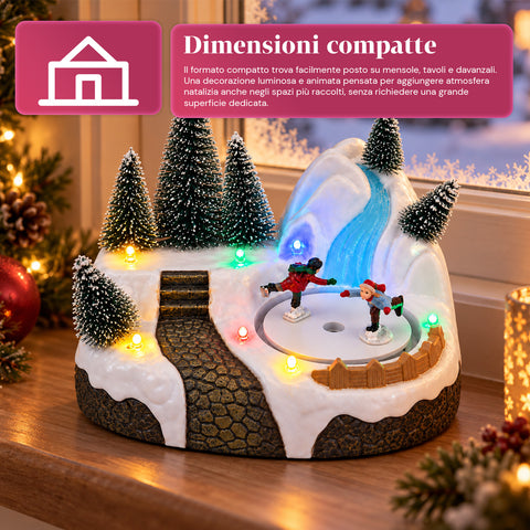 Pueblo navideño luminoso con elemento giratorio, luces LED y música – 3 variantes: árbol, Papá Noel, niños – 17x14x15 cm