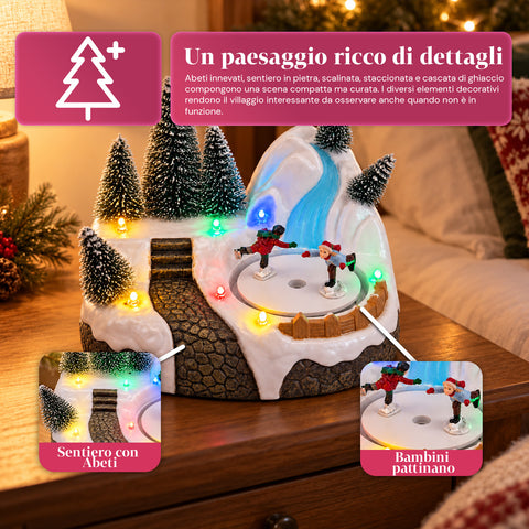Pueblo navideño luminoso con elemento giratorio, luces LED y música – 3 variantes: árbol, Papá Noel, niños – 17x14x15 cm