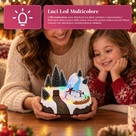 Pueblo navideño luminoso con elemento giratorio, luces LED y música – 3 variantes: árbol, Papá Noel, niños – 17x14x15 cm