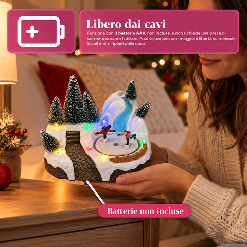 Pueblo navideño luminoso con elemento giratorio, luces LED y música – 3 variantes: árbol, Papá Noel, niños – 17x14x15 cm