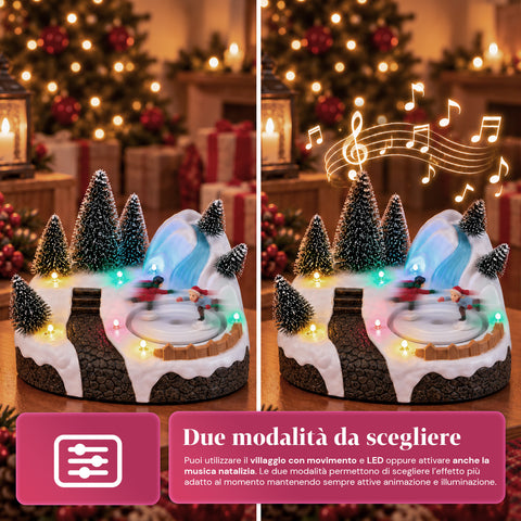 Pueblo navideño luminoso con elemento giratorio, luces LED y música – 3 variantes: árbol, Papá Noel, niños – 17x14x15 cm
