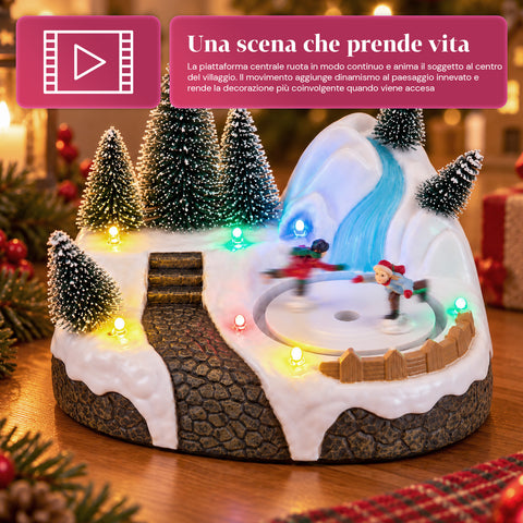 Pueblo navideño luminoso con elemento giratorio, luces LED y música – 3 variantes: árbol, Papá Noel, niños – 17x14x15 cm