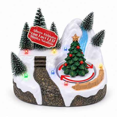 Pueblo navideño luminoso con elemento giratorio, luces LED y música – 3 variantes: árbol, Papá Noel, niños – 17x14x15 cm