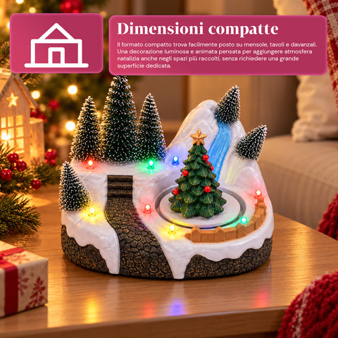 Pueblo navideño luminoso con elemento giratorio, luces LED y música – 3 variantes: árbol, Papá Noel, niños – 17x14x15 cm