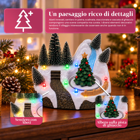 Pueblo navideño luminoso con elemento giratorio, luces LED y música – 3 variantes: árbol, Papá Noel, niños – 17x14x15 cm