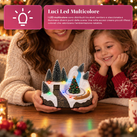 Pueblo navideño luminoso con elemento giratorio, luces LED y música – 3 variantes: árbol, Papá Noel, niños – 17x14x15 cm