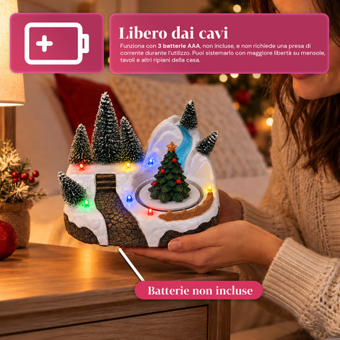 Pueblo navideño luminoso con elemento giratorio, luces LED y música – 3 variantes: árbol, Papá Noel, niños – 17x14x15 cm