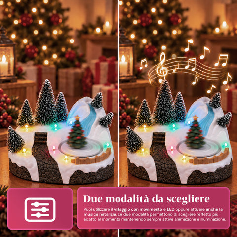 Pueblo navideño luminoso con elemento giratorio, luces LED y música – 3 variantes: árbol, Papá Noel, niños – 17x14x15 cm