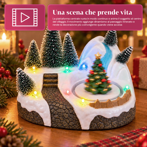 Pueblo navideño luminoso con elemento giratorio, luces LED y música – 3 variantes: árbol, Papá Noel, niños – 17x14x15 cm