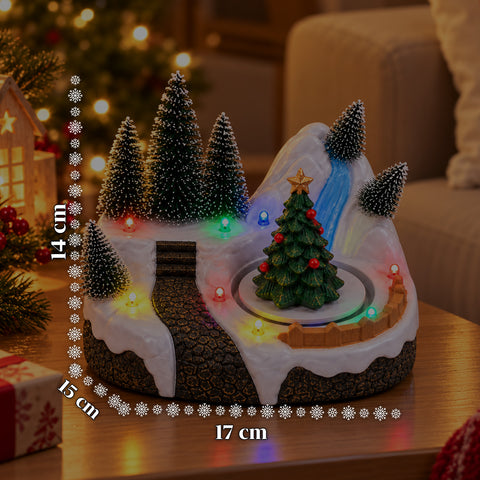 Pueblo navideño luminoso con elemento giratorio, luces LED y música – 3 variantes: árbol, Papá Noel, niños – 17x14x15 cm