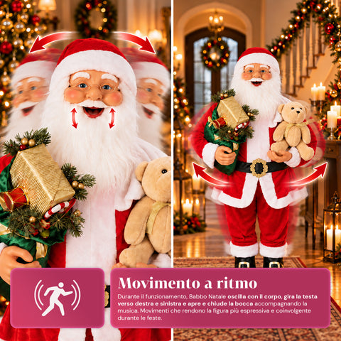 Papá Noel bailarín de 150 cm con música, canto y movimiento - Decoración navideña para interiores con botón, base de 38 cm, roja