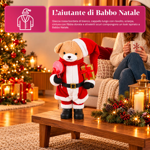 Osito navideño de peluche con traje rojo y blanco, tres tamaños para decorar interiores