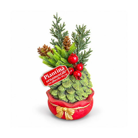 Planta ornamental con arbolito de 20 cm, decoración navideña de mesa con piñas, bayas rojas y lazo en relieve, 2 variantes: rojo y dorado