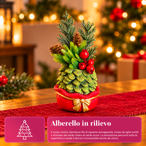 Planta ornamental con arbolito de 20 cm, decoración navideña de mesa con piñas, bayas rojas y lazo en relieve, 2 variantes: rojo y dorado