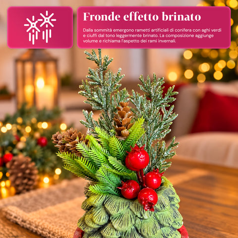 Planta ornamental con arbolito de 20 cm, decoración navideña de mesa con piñas, bayas rojas y lazo en relieve, 2 variantes: rojo y dorado