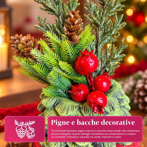 Planta ornamental con arbolito de 20 cm, decoración navideña de mesa con piñas, bayas rojas y lazo en relieve, 2 variantes: rojo y dorado
