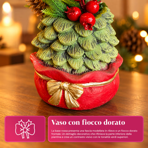 Planta ornamental con arbolito de 20 cm, decoración navideña de mesa con piñas, bayas rojas y lazo en relieve, 2 variantes: rojo y dorado