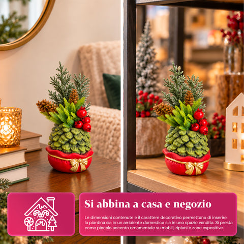 Planta ornamental con arbolito de 20 cm, decoración navideña de mesa con piñas, bayas rojas y lazo en relieve, 2 variantes: rojo y dorado