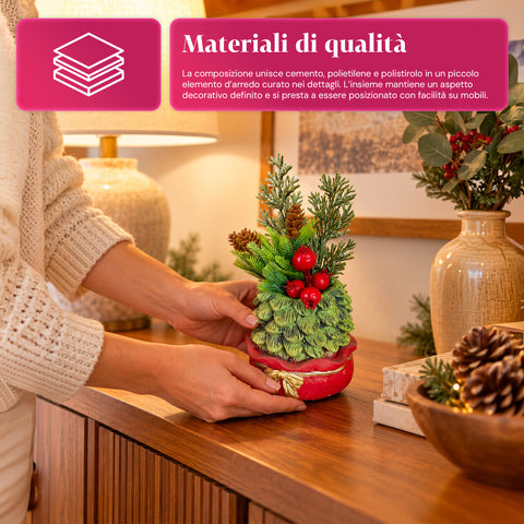 Planta ornamental con arbolito de 20 cm, decoración navideña de mesa con piñas, bayas rojas y lazo en relieve, 2 variantes: rojo y dorado