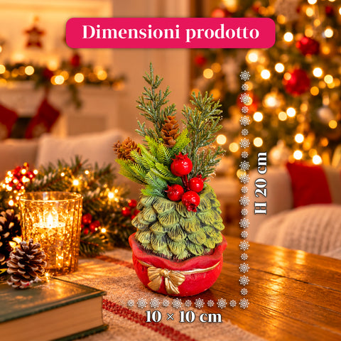 Planta ornamental con arbolito de 20 cm, decoración navideña de mesa con piñas, bayas rojas y lazo en relieve, 2 variantes: rojo y dorado