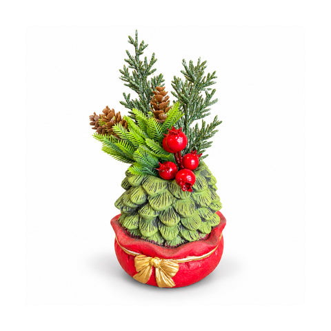 Planta ornamental con arbolito de 20 cm, decoración navideña de mesa con piñas, bayas rojas y lazo en relieve, 2 variantes: rojo y dorado