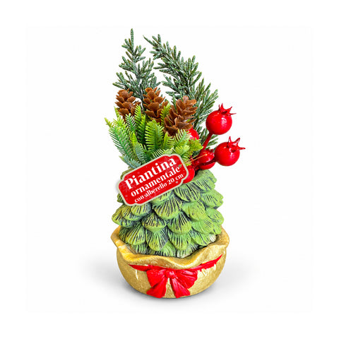 Planta ornamental con arbolito de 20 cm, decoración navideña de mesa con piñas, bayas rojas y lazo en relieve, 2 variantes: rojo y dorado