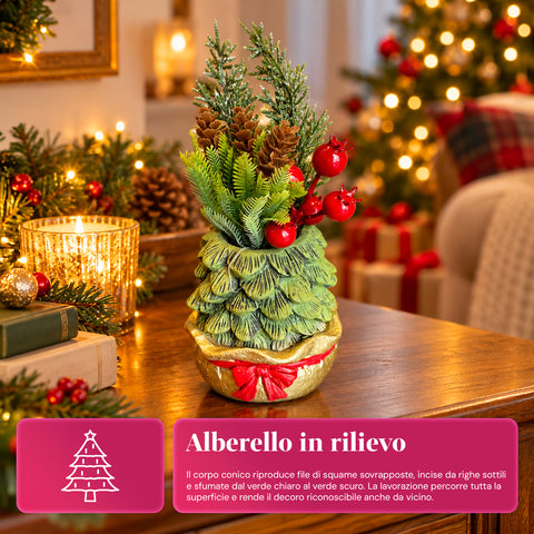 Planta ornamental con arbolito de 20 cm, decoración navideña de mesa con piñas, bayas rojas y lazo en relieve, 2 variantes: rojo y dorado