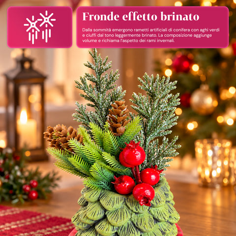 Planta ornamental con arbolito de 20 cm, decoración navideña de mesa con piñas, bayas rojas y lazo en relieve, 2 variantes: rojo y dorado