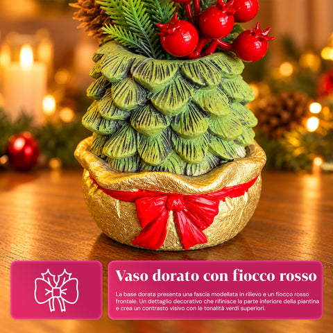 Planta ornamental con arbolito de 20 cm, decoración navideña de mesa con piñas, bayas rojas y lazo en relieve, 2 variantes: rojo y dorado
