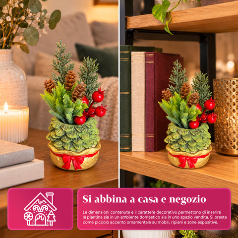 Planta ornamental con arbolito de 20 cm, decoración navideña de mesa con piñas, bayas rojas y lazo en relieve, 2 variantes: rojo y dorado