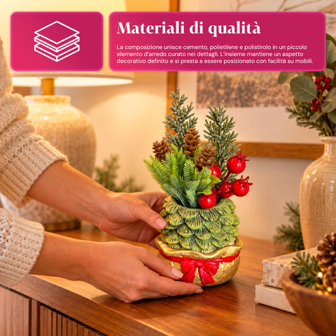 Planta ornamental con arbolito de 20 cm, decoración navideña de mesa con piñas, bayas rojas y lazo en relieve, 2 variantes: rojo y dorado