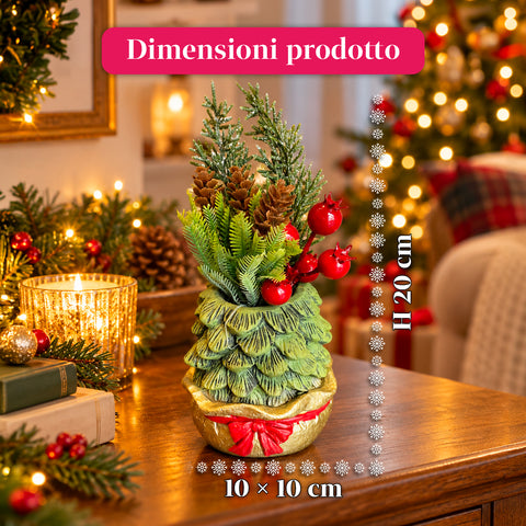 Planta ornamental con arbolito de 20 cm, decoración navideña de mesa con piñas, bayas rojas y lazo en relieve, 2 variantes: rojo y dorado