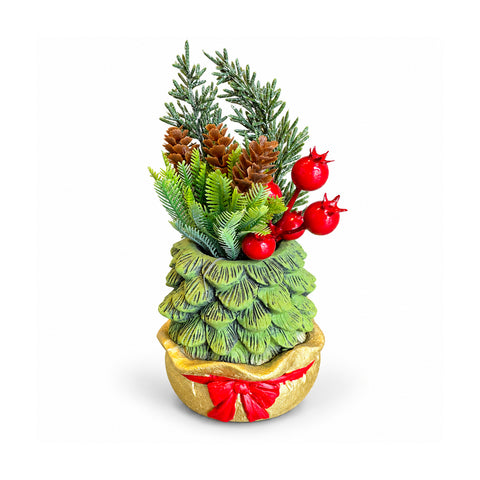 Planta ornamental con arbolito de 20 cm, decoración navideña de mesa con piñas, bayas rojas y lazo en relieve, 2 variantes: rojo y dorado