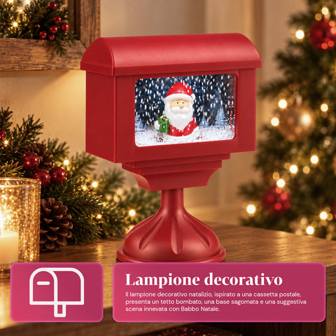 Farol decorativo navideño con forma de buzón, efecto nieve, luces LED y música, 2 variantes: Papá Noel u osito, altura 41 cm, a pilas