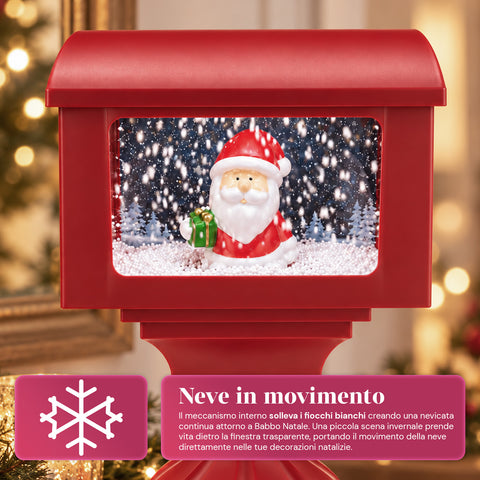 Farol decorativo navideño con forma de buzón, efecto nieve, luces LED y música, 2 variantes: Papá Noel u osito, altura 41 cm, a pilas
