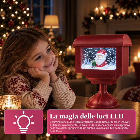 Farol decorativo navideño con forma de buzón, efecto nieve, luces LED y música, 2 variantes: Papá Noel u osito, altura 41 cm, a pilas