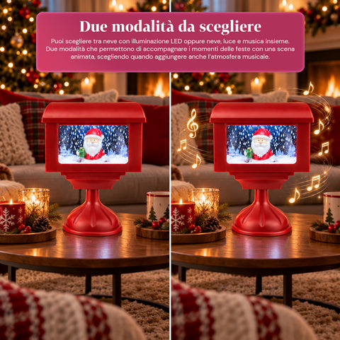 Farol decorativo navideño con forma de buzón, efecto nieve, luces LED y música, 2 variantes: Papá Noel u osito, altura 41 cm, a pilas